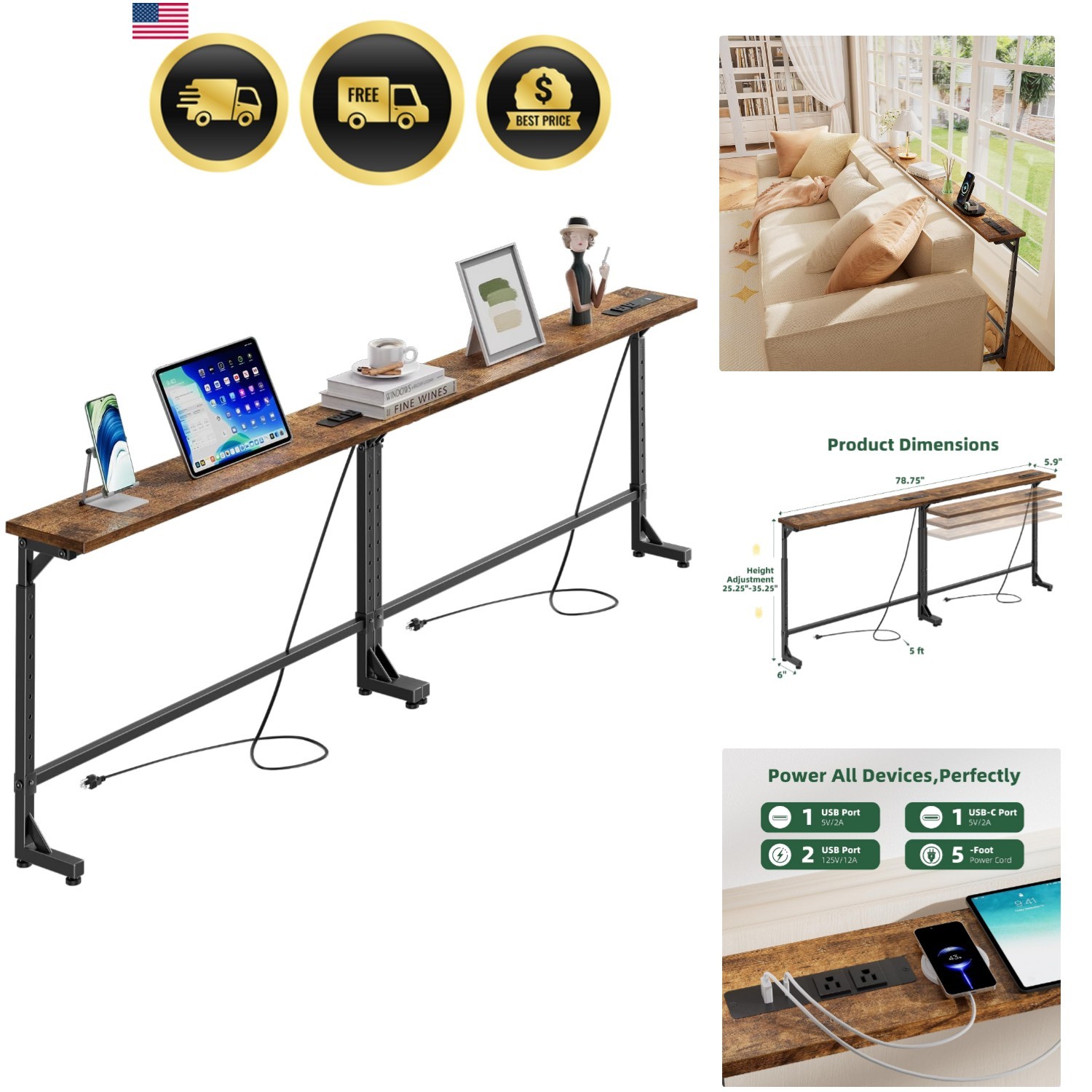 78.75” Console Table, Narrow Behind Couch Table, Adjustable Sofa Tables with ...