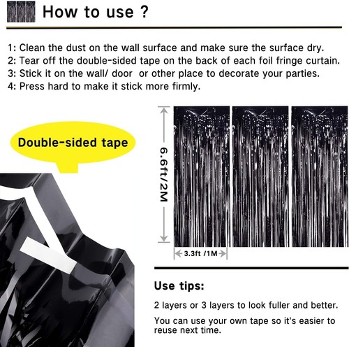 3Pcs 3.3x6.6Ft Black Party Streamers |Black Foil Fringe Curtain| Black Fringe... - Picture 3 of 7