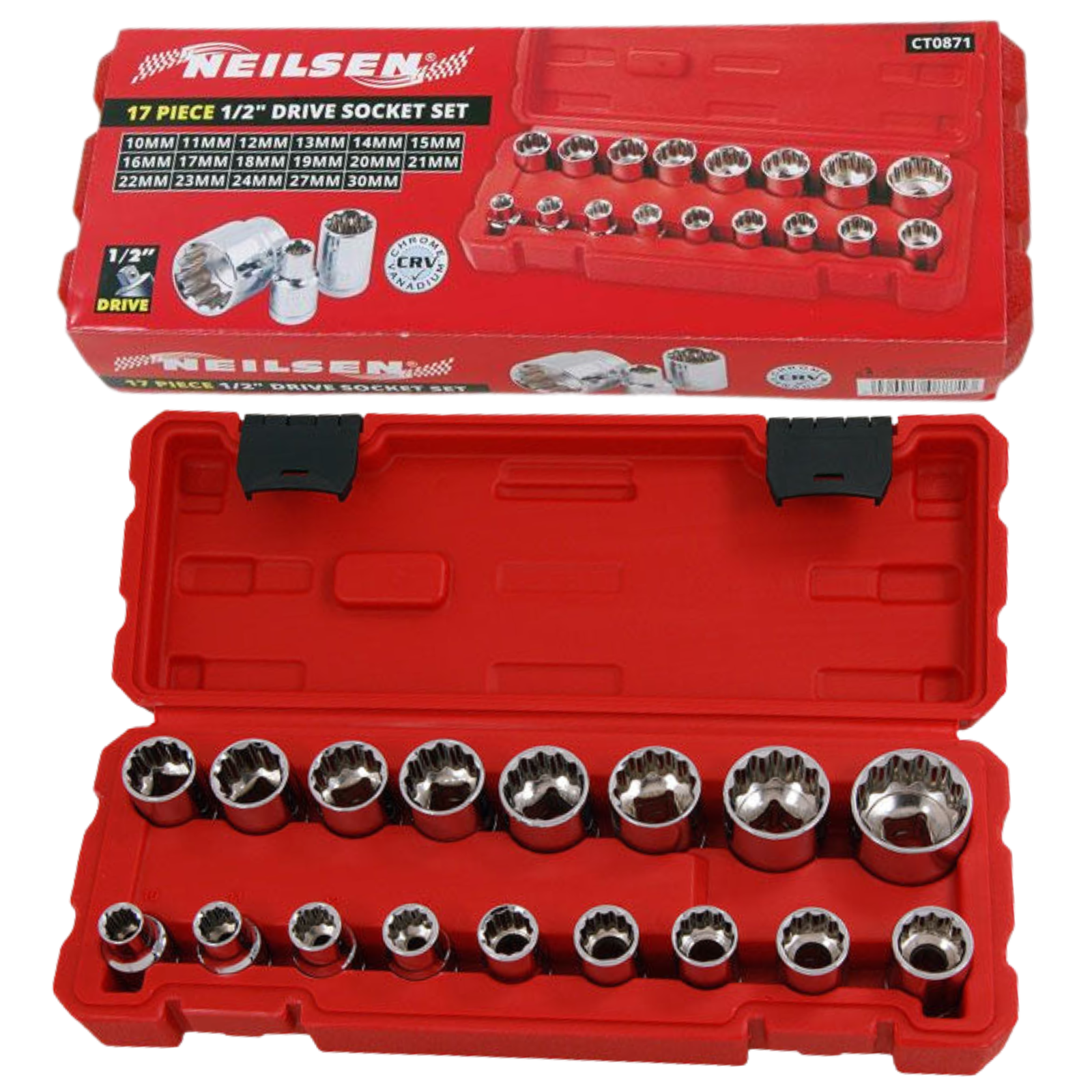 Neilsen 17pc 1/2 Drive Socket Set Metric 10-30mm CRV with Storage Case - CT0871