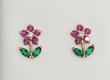 Child Baby Kids Flower CZ Ruby Emerald Stud Earrings 14K Yellow Gold Screwback