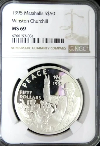 Marshall Islands 1995 Winston Churchill PEACE 1oz 999 Silver $50 NGC PF69