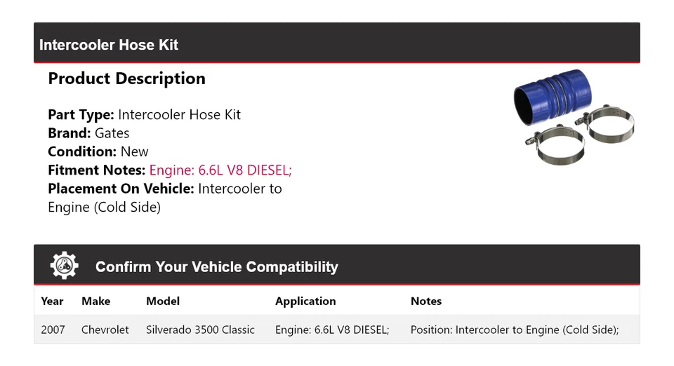 Kit de manguera intercooler clásico puertas Chevrolet Silverado 3500 2007 Foto 2 de 4