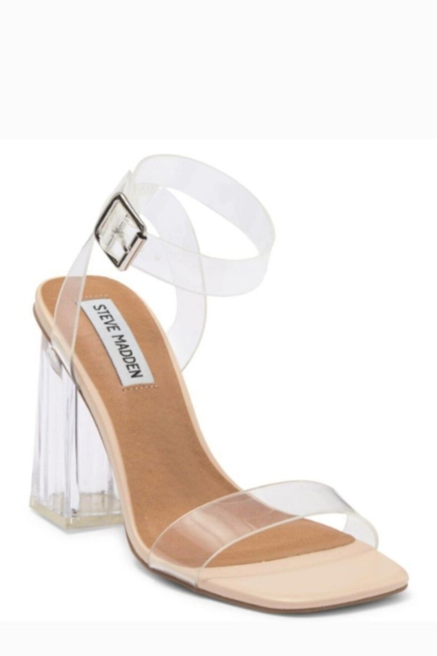 Steve Madden Hundred Sandals Ankle Strap Clear Block Heel Women Size 8.5 Ret$90