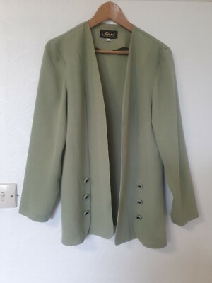 True Vintage Mani salbeigrün offene lange Linie Jacke Gr 12 14