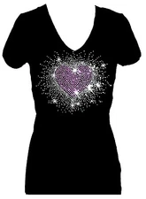 ALL RHINESTONE PINK HEART BURST LOVE KISS V NECK SHORT SLEEVE BLING TEE SHIRT
