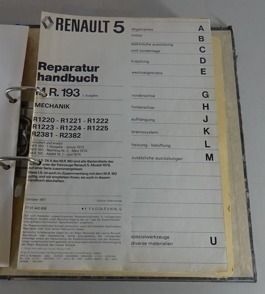 Manual De Taller / Guía De Reparación Renault 5 R1220 - R2382 Mecánica 10/1977 - Imagen 2 de 4