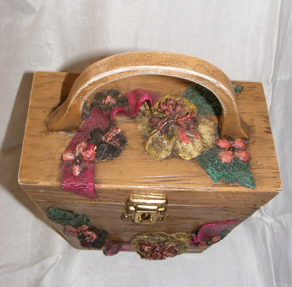 Vintage 60's Brown Wooden Box Purse Artist Signed Pink Green Floral Design - Image 2 of 4