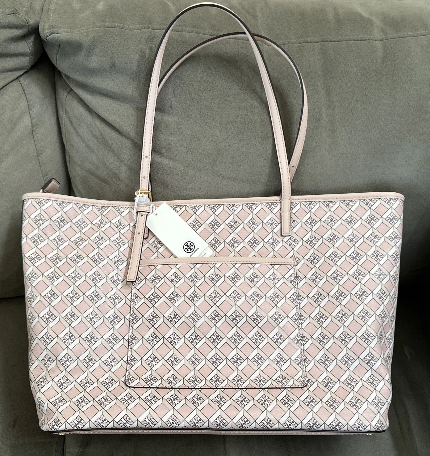 Borsa a tracolla nuova con etichette $398 Tory Burch blush geo logo zip top tote bag preppy luxe