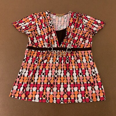 Notations Women's Large Brown Orange Circles Short Sleeve Pullover Blouse *Flaw