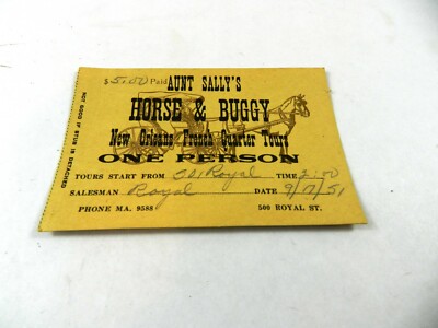 Aunt Sally's Horse & Buggy New Orleans French Quarter Tours Ticket Stub 1951