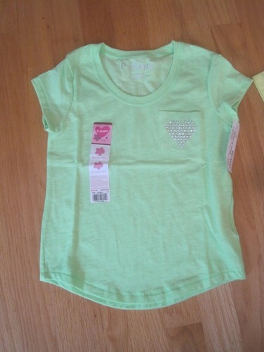 Girl BLING METAL STUD HEART NEON GREEN & YELLOW shirts NWT 4 5 TWINS? - Picture 2 of 7