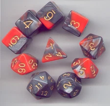 NEW RPG Dice 10pc - Twisted Orange-Silver- 1 @ D4 D8 D10 D12 D20 D00-10 & 4 D6