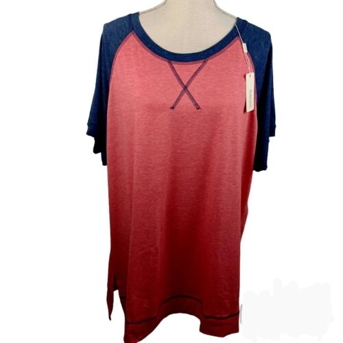 Aokosor Plus Size Casual T-Shirt 2XL Pink/Blue -Short Cuffed Sleeves -Round Neck