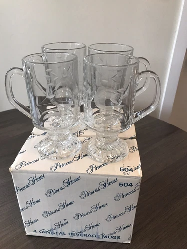 FOUR (4) Princess House Heritage Etched Crystal Footed Irish Coffee Mugs Cups
