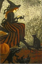 4X6 PRINT OF PAINTING RYTA HALLOWEEN WITCH BLACK CAT VINTAGE STYLE FOLK ART MOON