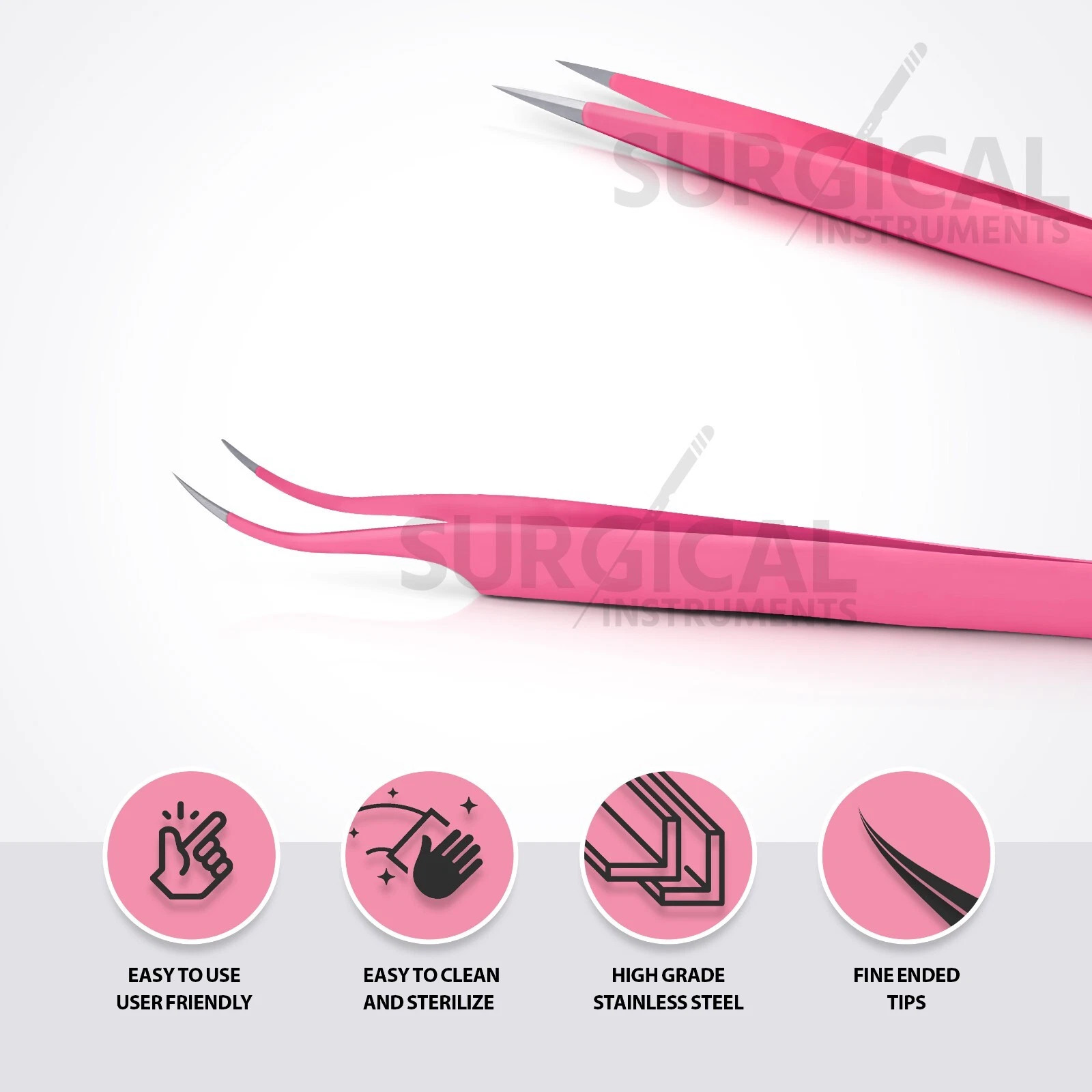 2 Pcs Eyelash Extension Tweezers Straight & Curved Stainless Set (pink) German G image 5