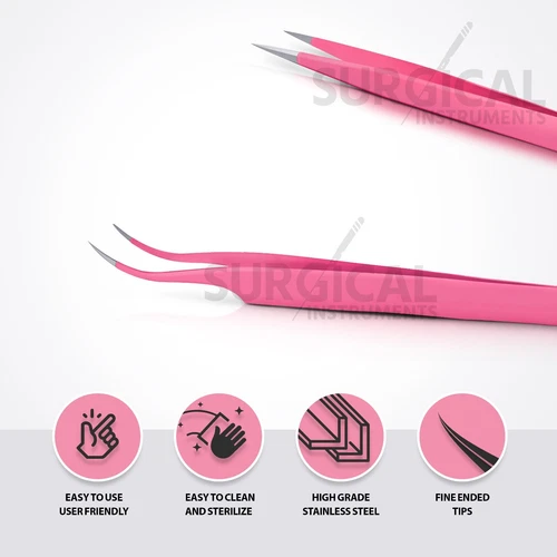 2 Pcs Eyelash Extension Tweezers Straight & Curved Stainless Set (pink) German G image 5