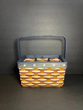 Red White & Blue American Flag Patriotic Cutlery Caddy Wicker Basket w/ Handle