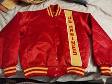 Vintage 80  s Swingster U.S. Marines M Snap Up Satin Bomber Varsity Jacket Red