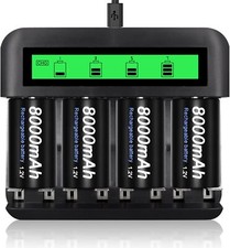 4-Pack D Cell 8000mAh Ni-MH Rechargeable Batteries & USB Charger LCD Display