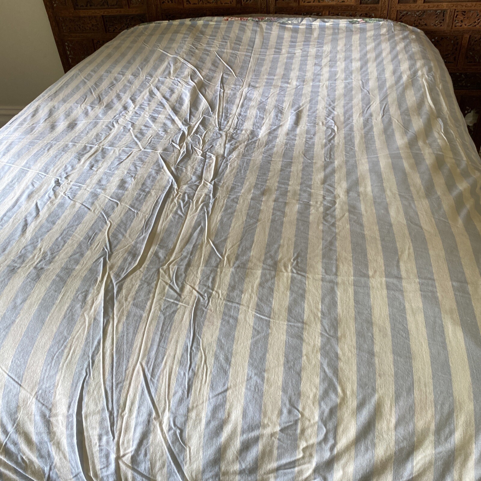 VTG Rare Ikea KING Duvet Cover Blue/White Stripe Floral Cotton UK Made