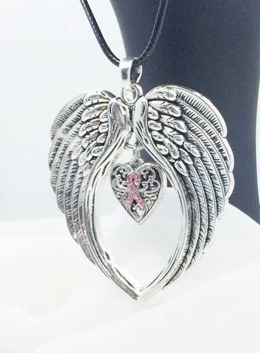 Collar de cuero conmemorativo con alas de ángel de cáncer de mama cinta rosa - Imagen 3 de 3