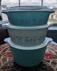 1957 Turquoise Butterprint Pyrex Cinderella Bake Serve & Store set