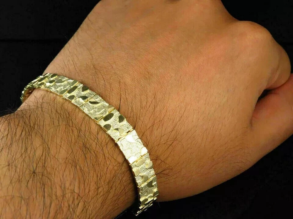 Pulsera para hombre en acabado de oro amarillo sólido de 14k estilo pepita eslabón diseñador Foto 2 de 4