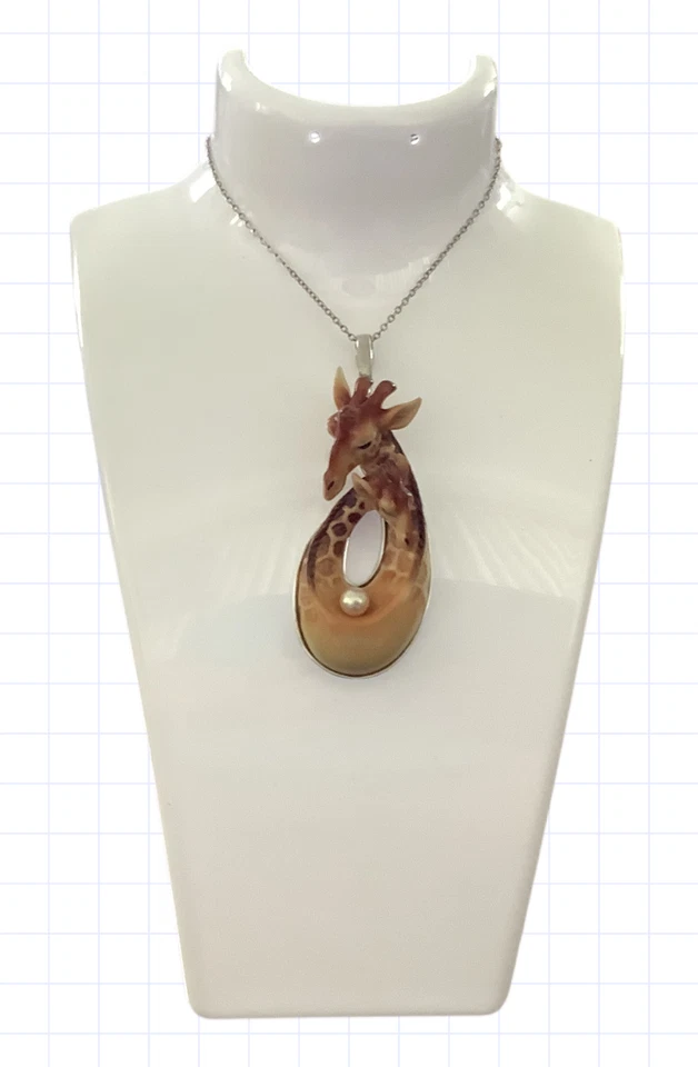 Franz Porcelain Giraffe Mother and Baby Necklace w/ Pearl Pendant 11.5” EUC - Image 3 of 4