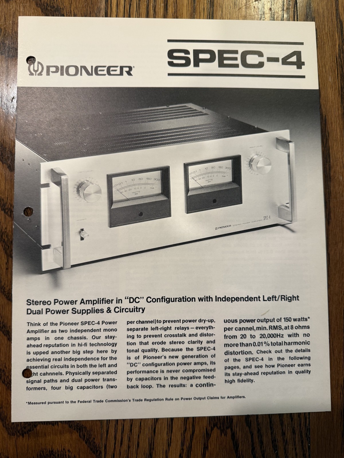 Vintage Original Pioneer SPEC-4 Stereo Amplifier Dealer Sales Brochure