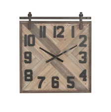 44444 Square Iron and Wood Wall Clock, 30" x 30", Brown/White/Cyan