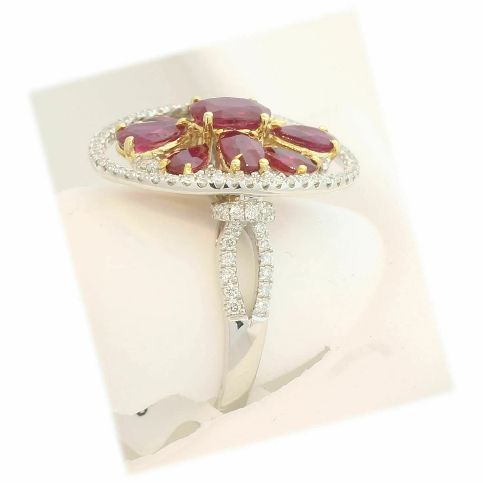 14k Multi Tone Gold 3.50 Ct Natural Ruby and Diamonds Halo Cluster Wedding Ring - Image 4 of 4