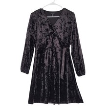 H by Halston Crushed Velvet Dress Size Small Black Long Sleeve V-Neck Faux Wrap