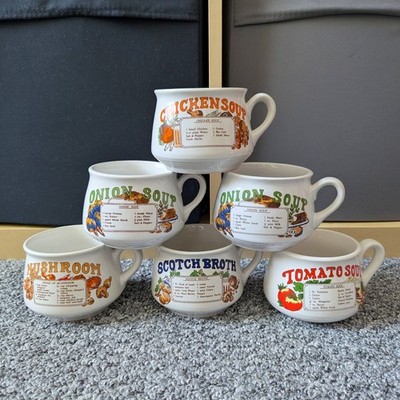Vintage Rezept Suppenschalen komplettes Set 6 Tassen Tomate Zwiebel Huhn Pilz 70er