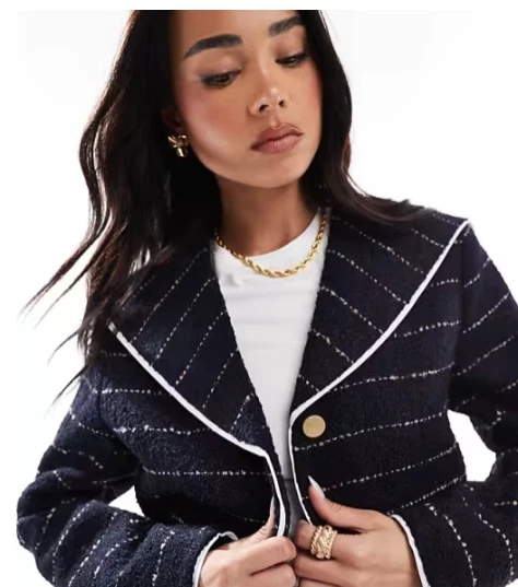 ASOS Design Contrast Formal Boucle Jacket Ladies Navy Blue Size 8 Cropped Stripe - Image 2 of 4