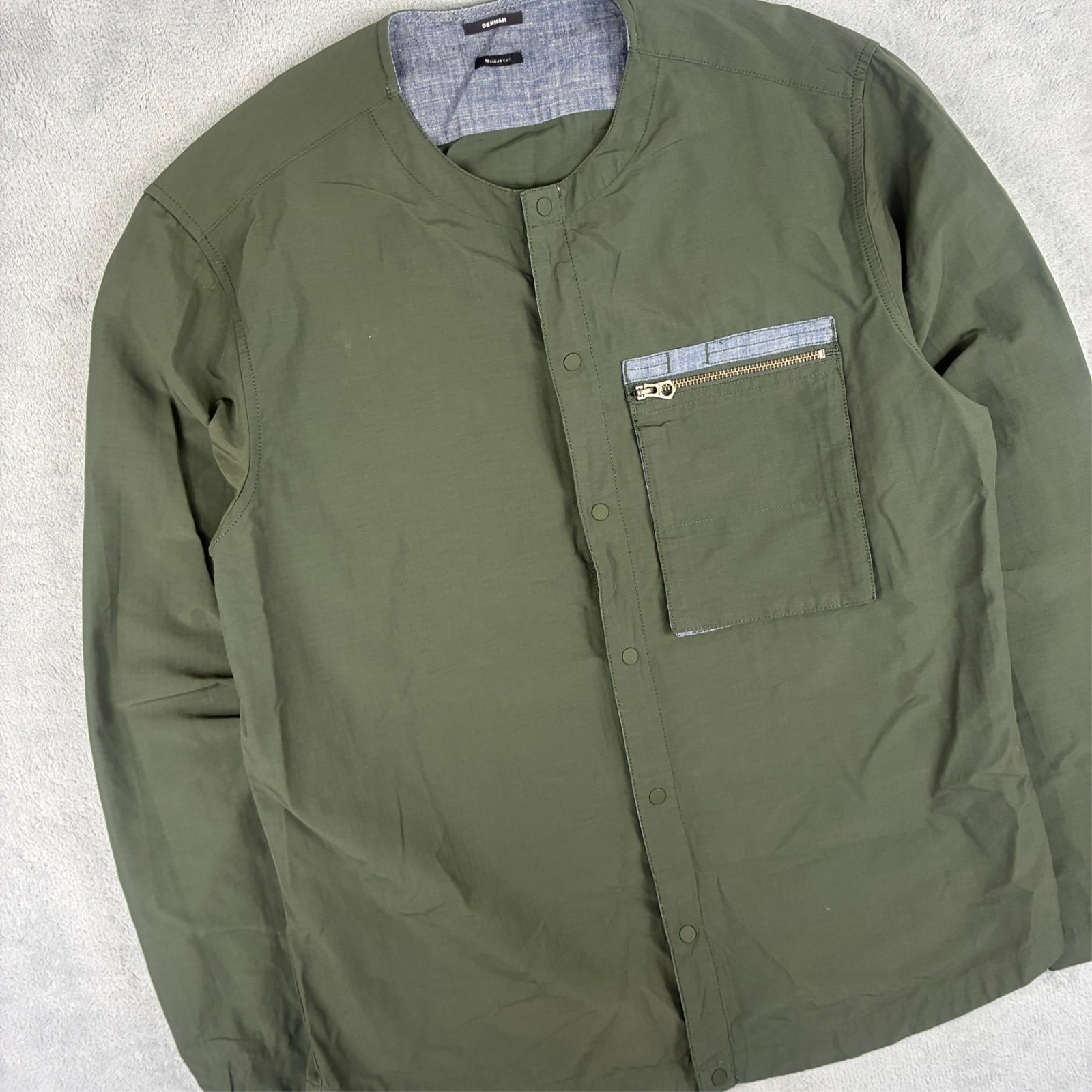 Denham Khaki Green Japanese Collarless Lrg Overshirt Jacket L/S Button Up Shirt image 2