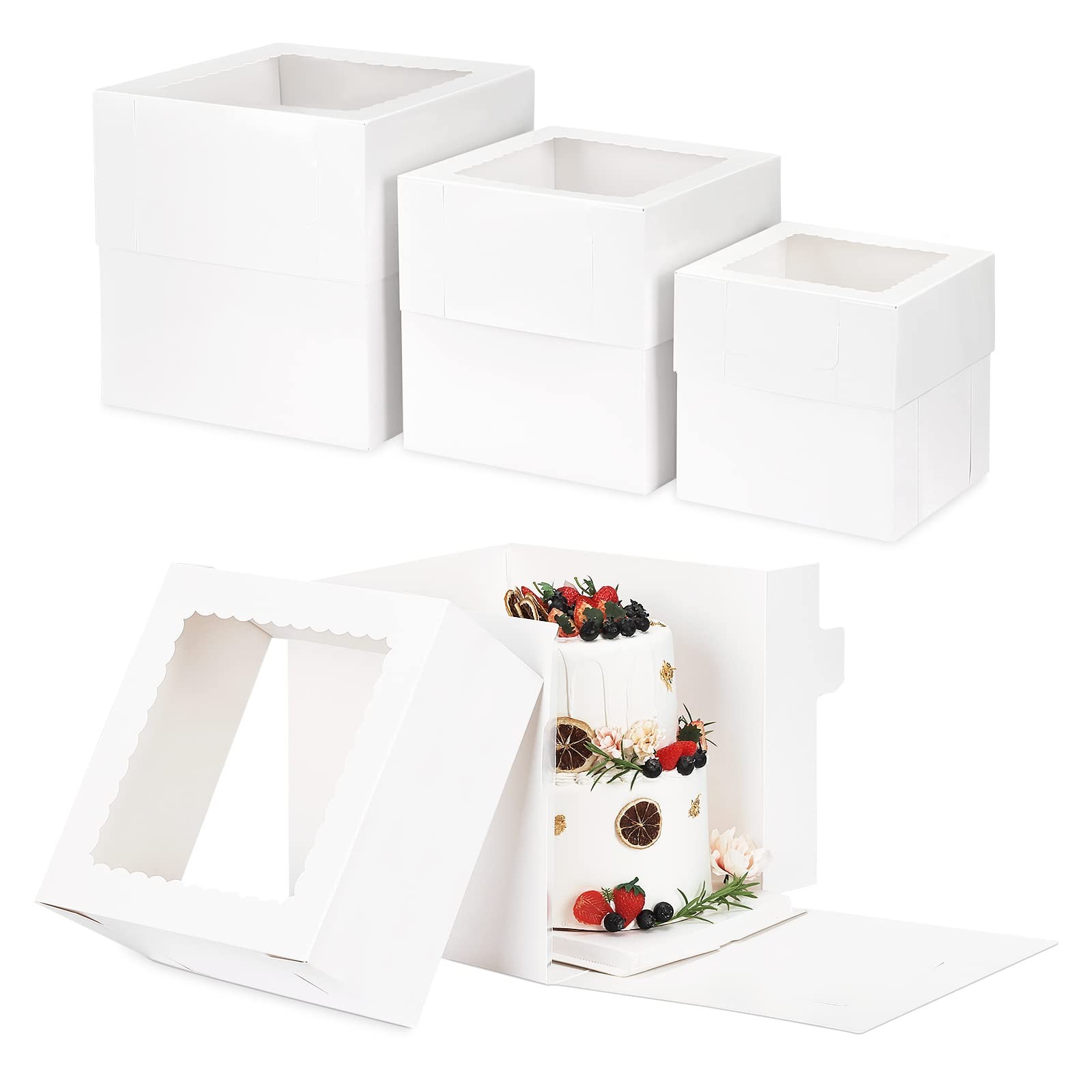 Moretoes 12 Pcs Cake Box Tall Boxes with Window in 3 Sizes 12x12x12 10x10x10