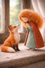 Needle Felted Fox and Girl Fairy Tale Figurine, Woodland Animal Sculpture