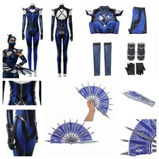Kitana Blue Jumpsuit costume Cosplay Halloween Kitana Weapons hand fan Props