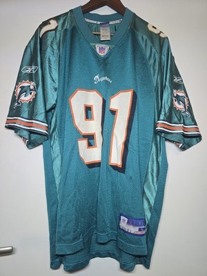 Pre Owned Mens Y2K Era NFL Miami Dolphins J.Williams #91 Jersey,Large ,AQUA