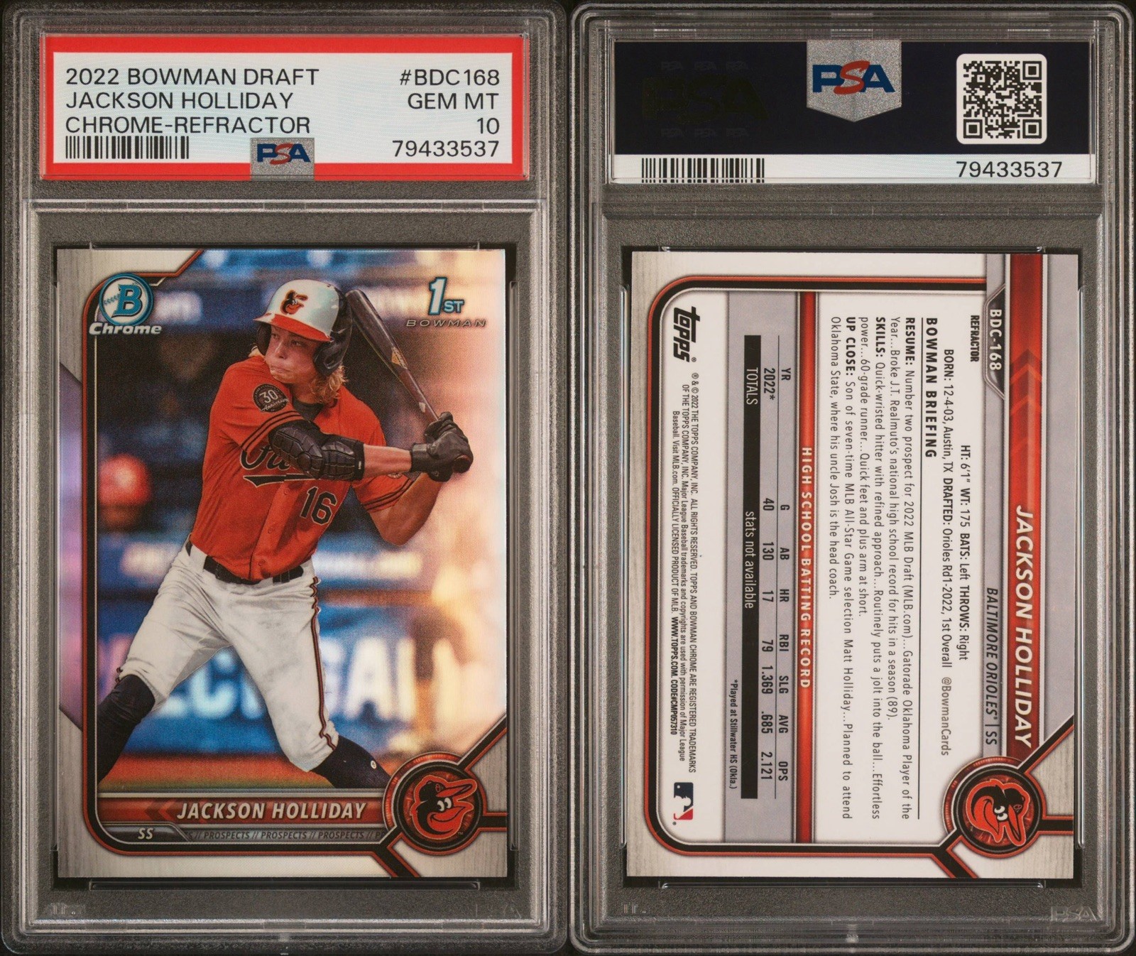 2022 Bowman Draft Jackson Holliday Chrome 1st Refractor #BDC-168 PSA 10 Orioles view 3