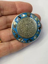 Vintage Blue Round Aztec Calendar Abalone and Alpaca Silver Pin or Pendant