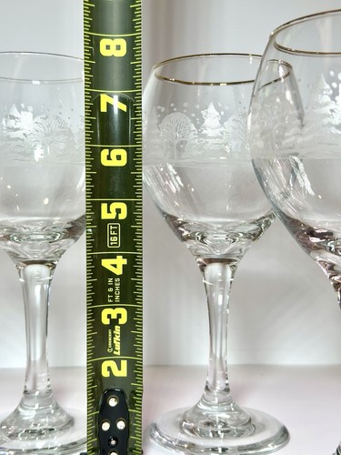 Libbey Arby's WINTER SCENE Set of 4 Balloon Wine Glasses Frosted Gold Rim 8" - Picture 4 of 9