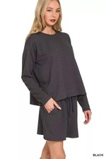 Zenana Corded Rib Long Sleeve Tee and Shorts Set