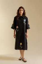 Ethnc Women's Black Embroidered Dress L Midi New Floral Ethnic Boho Fusion