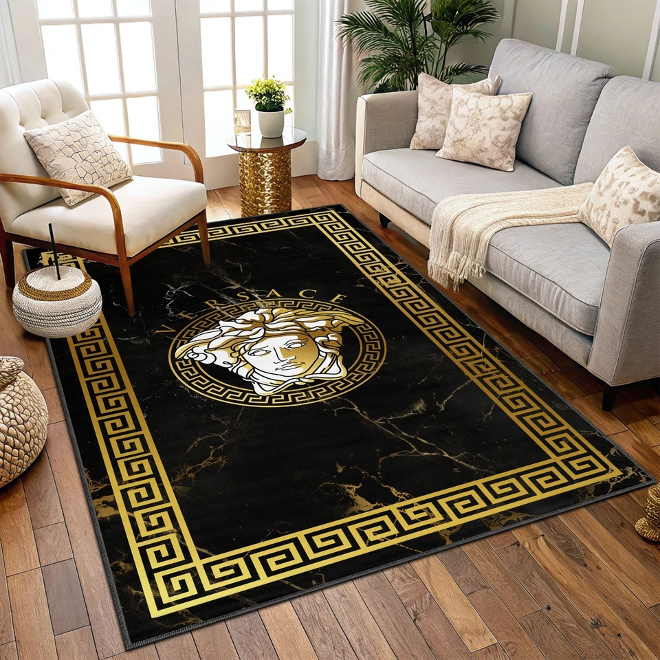 Greek Framed Versace Area Rug, Marble Look Background, Gold and Black Carpet - Image 2 of 4