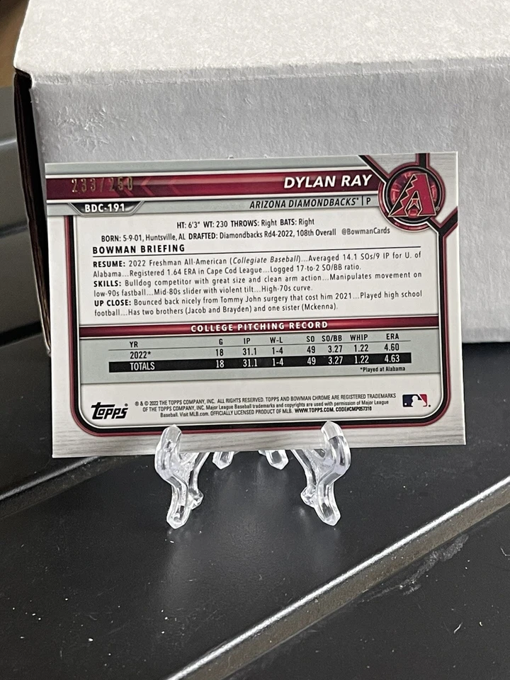 Dylan Ray 2022 Bowman Draft Chrome 1st Purple Refractor 233/250 #BDC-191 - Image 2 of 3