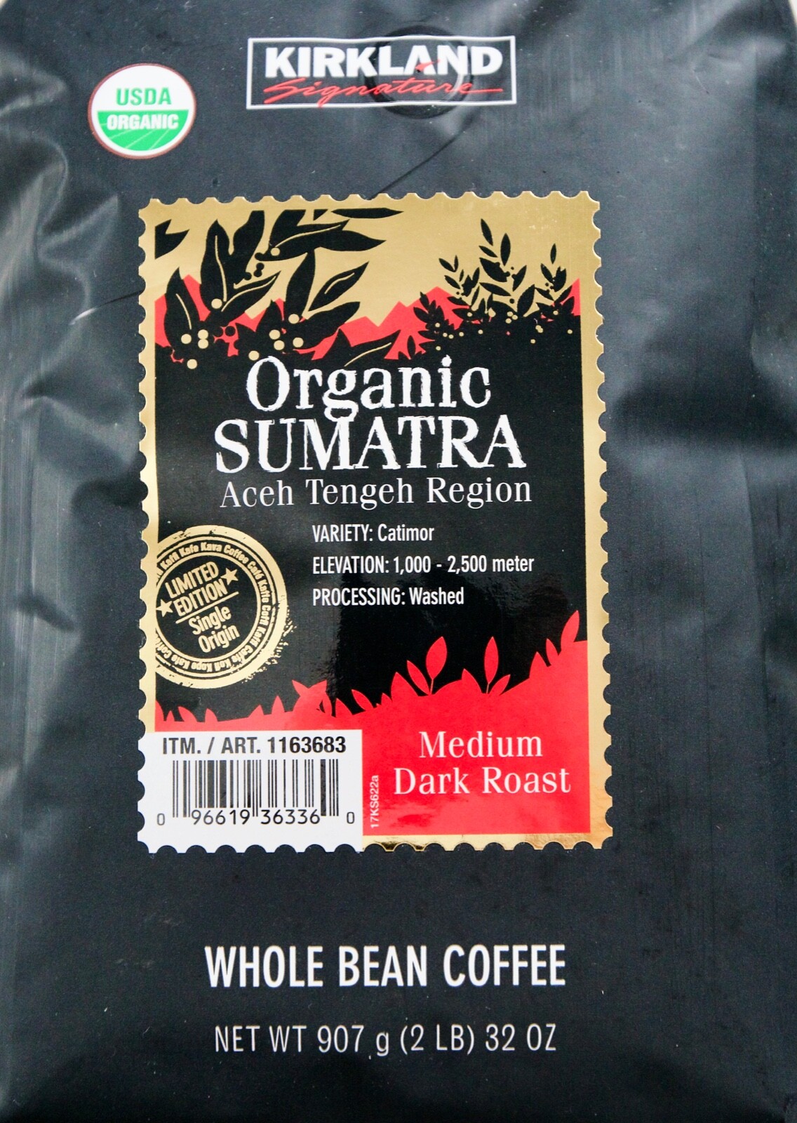Kirkland Signature Organic Sumatra Whole Bean Coffee Aceh Tengeh Region