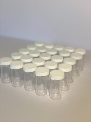 Storage Vials Plastic 25ml with white snap on cap 25 per pack