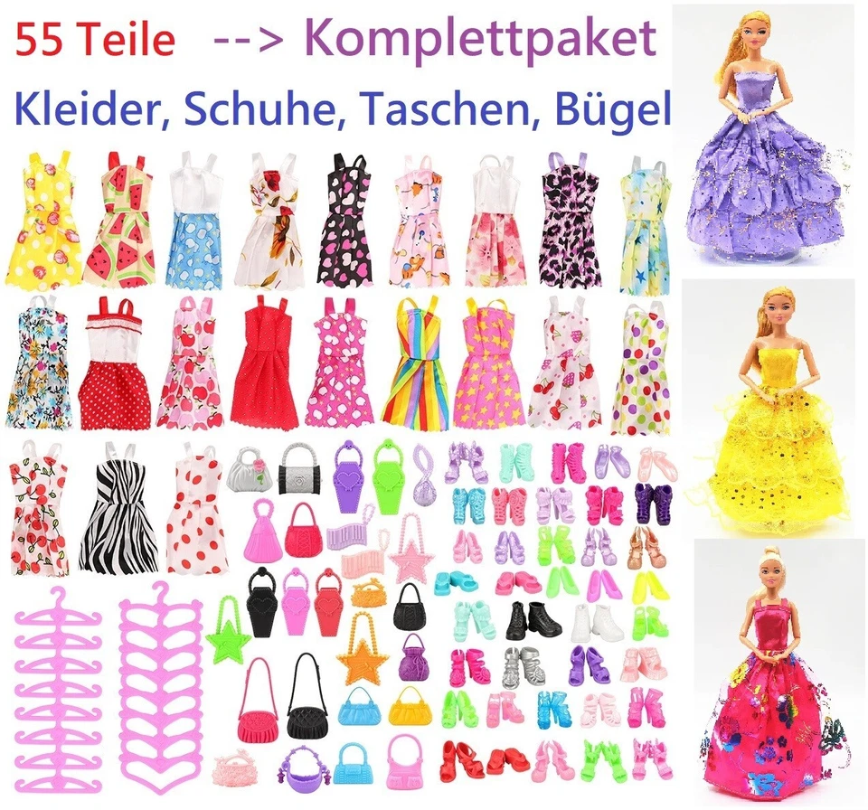 NIMETO Kleider Kleidung Zubehör Set Schuhe Konvolut Tasche für Barbie Puppe 55 Teile